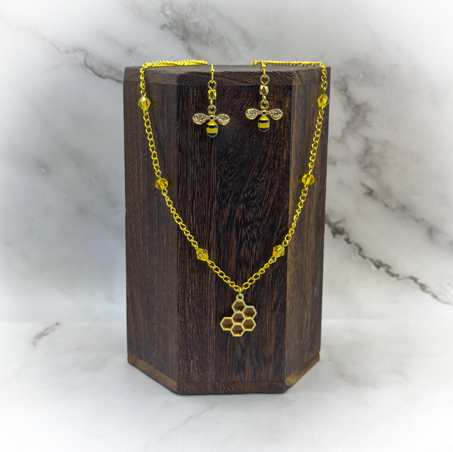 Honey Bee + Honeycomb Necklace and Earrings Set