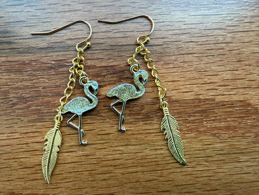 Green & Gold Flamingo Earrings with Sword and Feather Charms