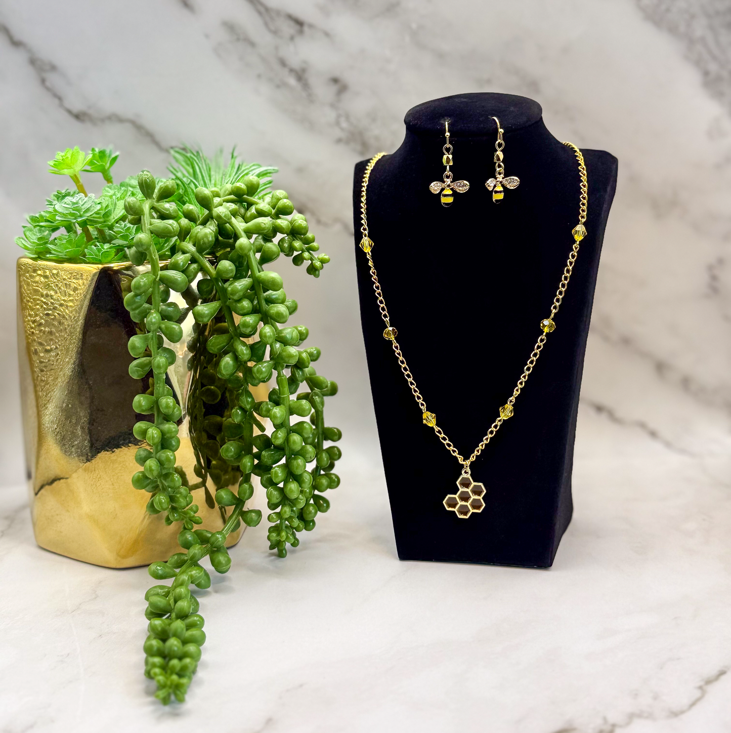 Honey Bee + Honeycomb Necklace and Earrings Set