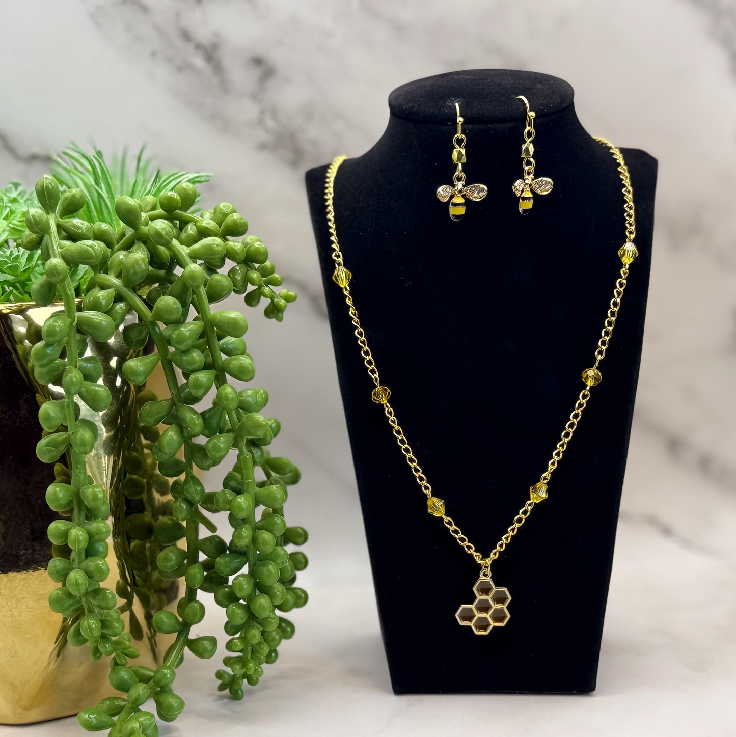 Honey Bee + Honeycomb Necklace and Earrings Set