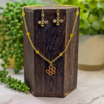 Honey Bee + Honeycomb Necklace and Earrings Set