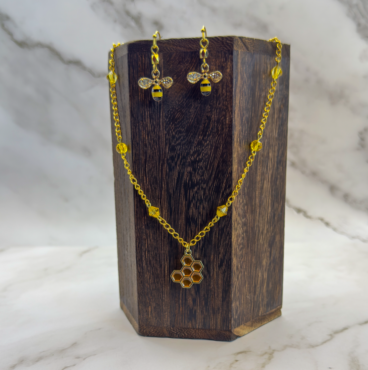 Honey Bee + Honeycomb Necklace and Earrings Set