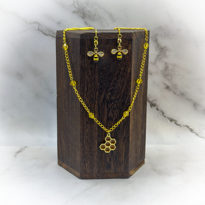 Honey Bee + Honeycomb Necklace and Earrings Set