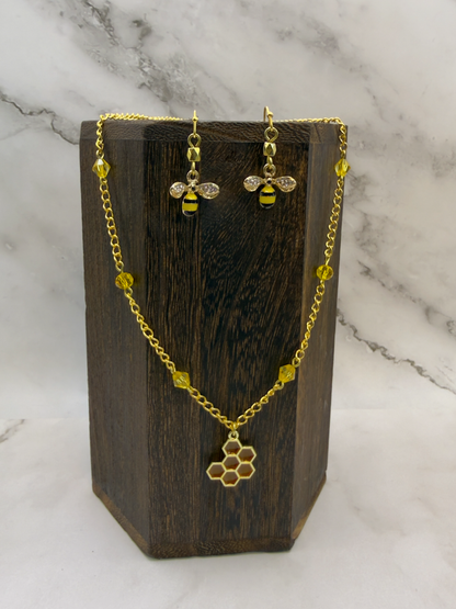 Honey Bee + Honeycomb Necklace and Earrings Set