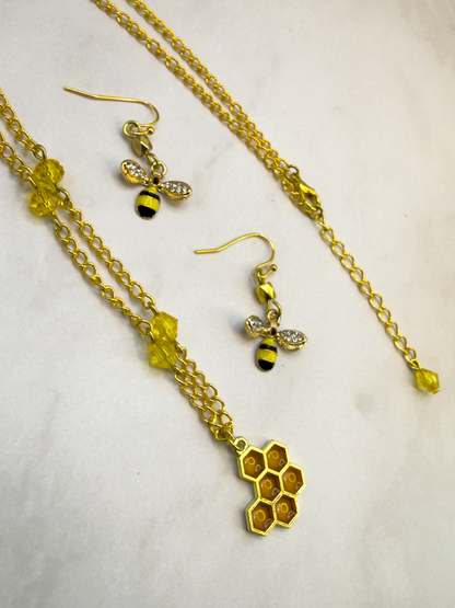 Honey Bee + Honeycomb Necklace and Earrings Set