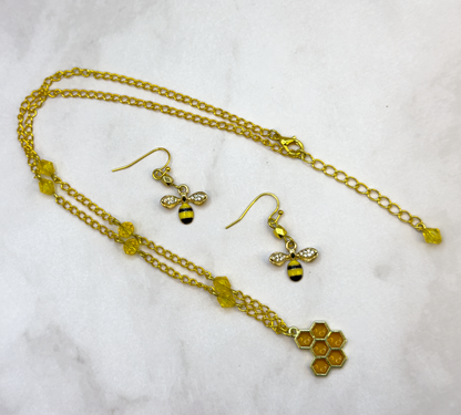 Honey Bee + Honeycomb Necklace and Earrings Set
