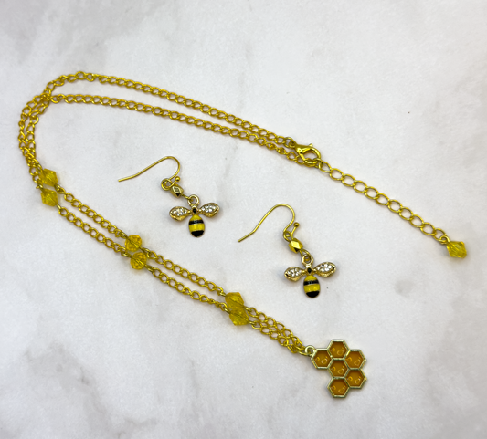 Honey Bee + Honeycomb Necklace and Earrings Set
