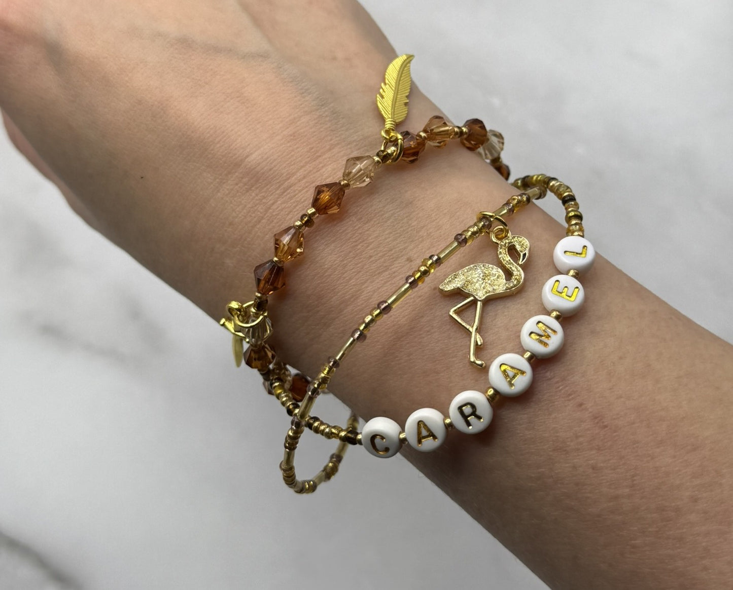 Caramel, Triple‑Strand Bracelet + Gold Flamingo Charm