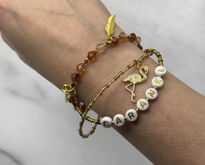 Caramel, Triple‑Strand Bracelet + Gold Flamingo Charm