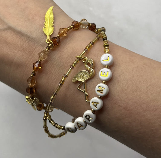 Caramel, Triple‑Strand Bracelet + Gold Flamingo Charm