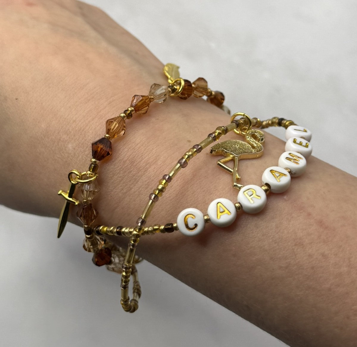 Caramel, Triple‑Strand Bracelet + Gold Flamingo Charm