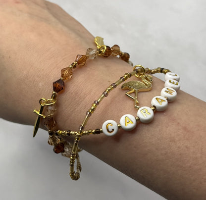 Caramel, Triple‑Strand Bracelet + Gold Flamingo Charm