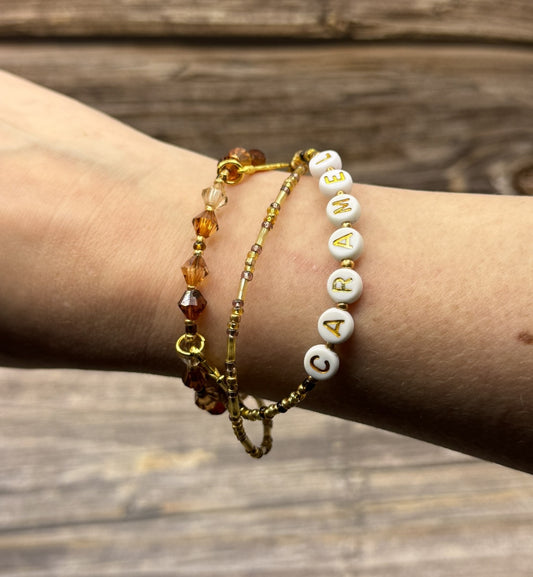 Caramel, Triple‑Strand Bracelet + Gold Flamingo Charm