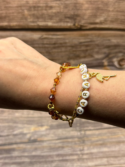 Caramel, Triple‑Strand Bracelet + Gold Flamingo Charm