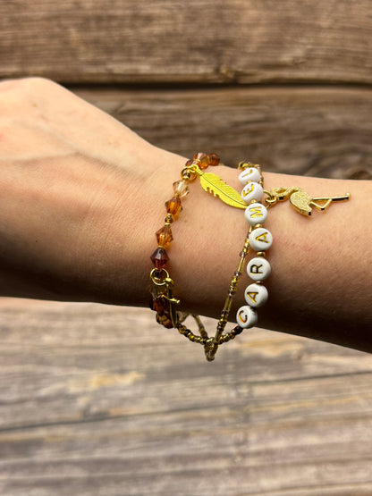 Caramel, Triple‑Strand Bracelet + Gold Flamingo Charm