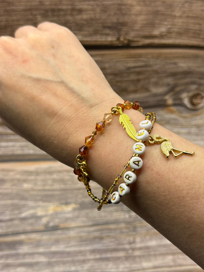 Caramel, Triple‑Strand Bracelet + Gold Flamingo Charm