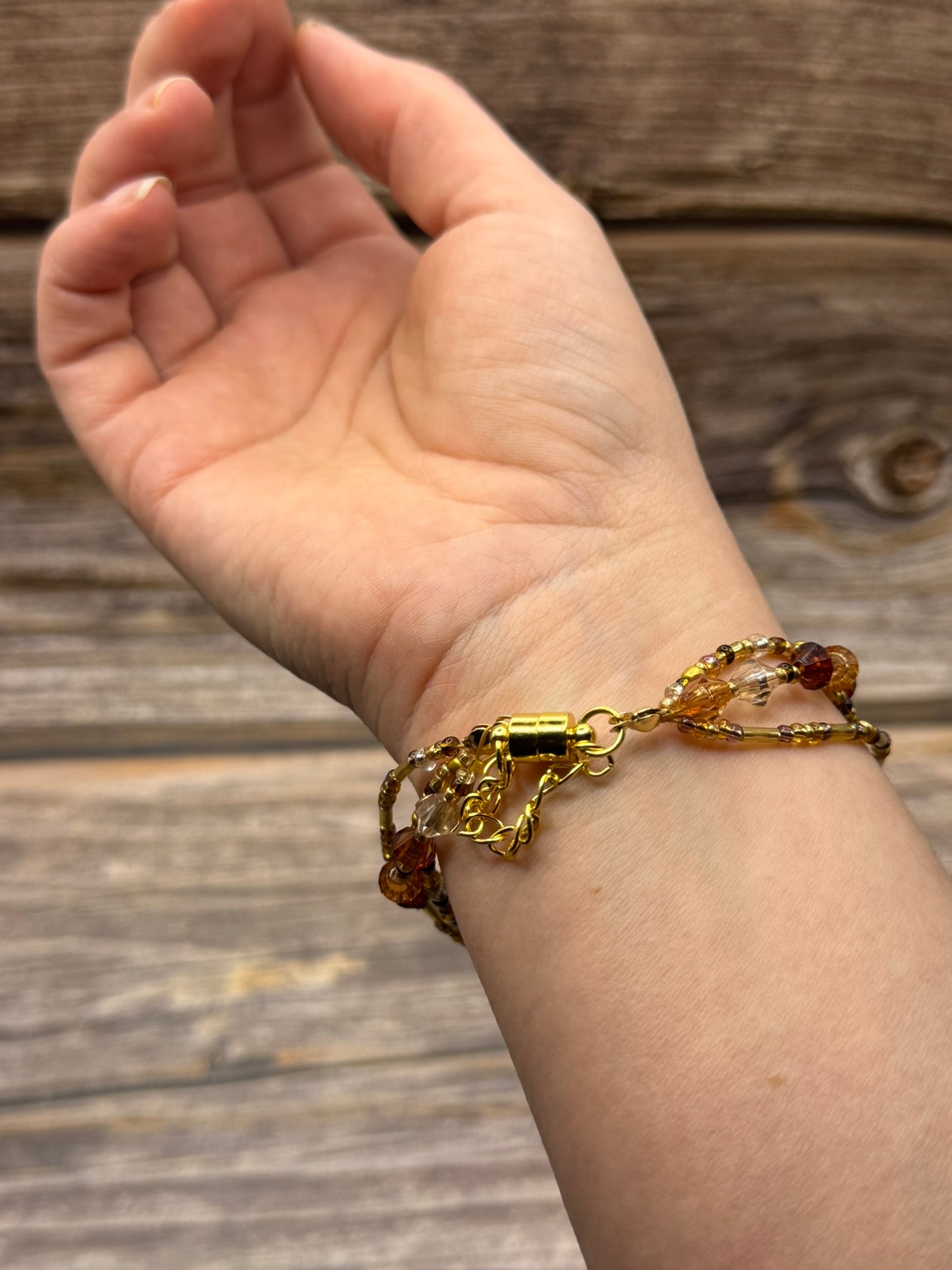 Caramel, Triple‑Strand Bracelet + Gold Flamingo Charm