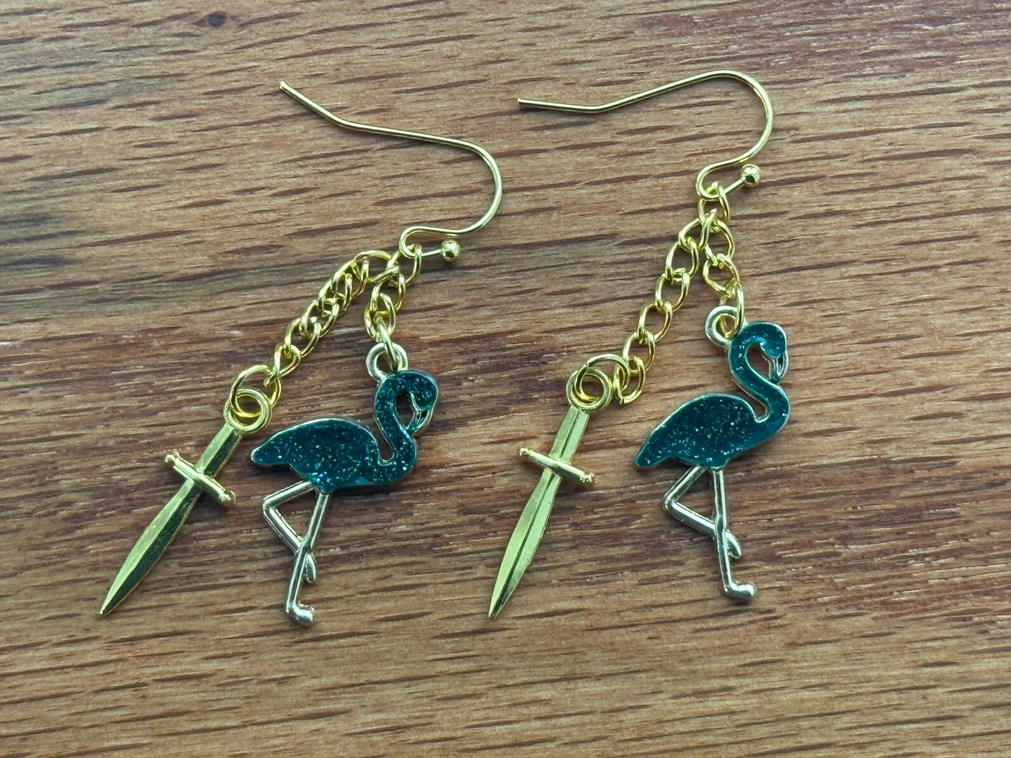 Green & Gold Flamingo Earrings with Sword and Feather Charms