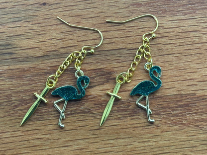 Green & Gold Flamingo Earrings with Sword and Feather Charms