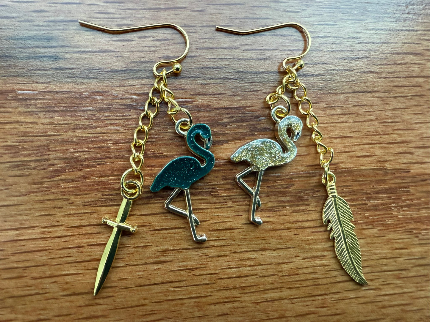 Green & Gold Flamingo Earrings with Sword and Feather Charms