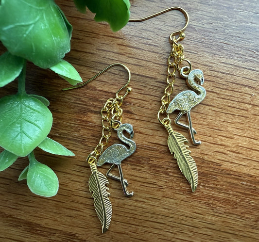 Green & Gold Flamingo Earrings with Sword and Feather Charms