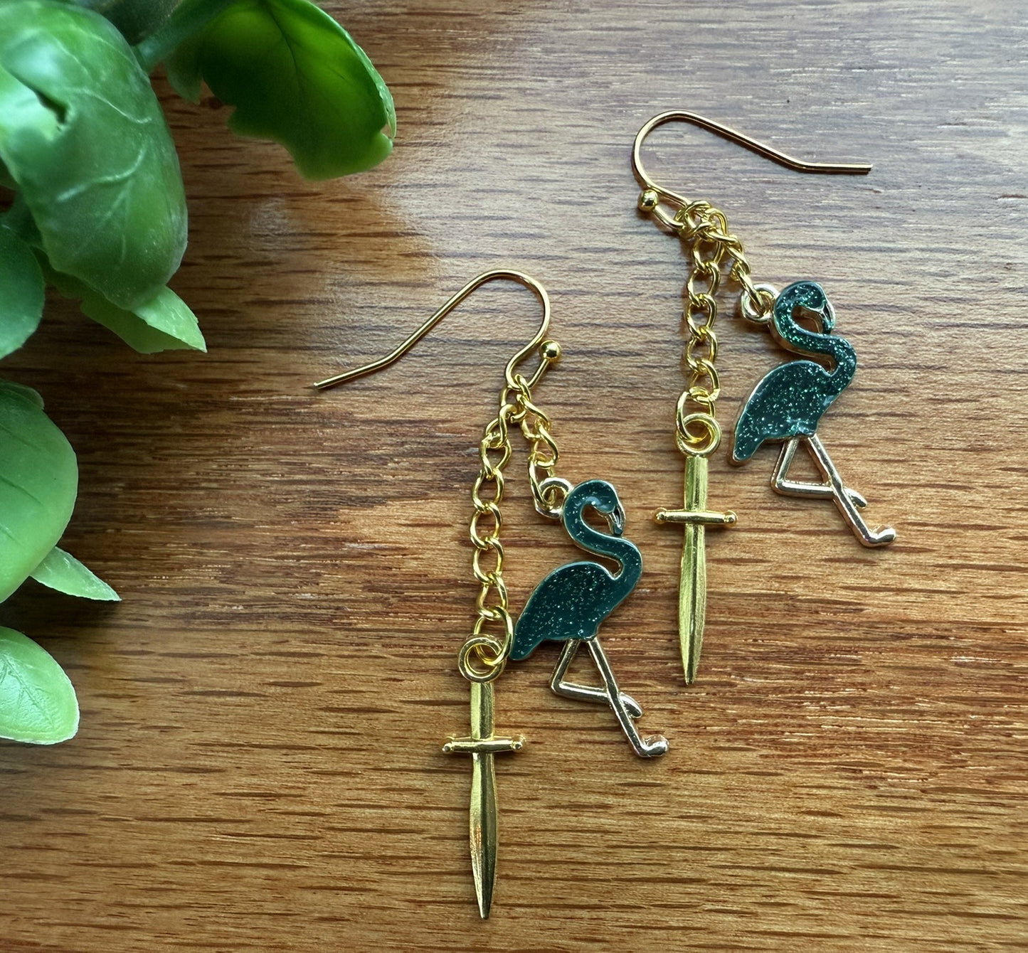 Green & Gold Flamingo Earrings with Sword and Feather Charms