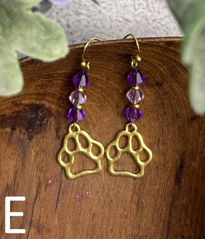 Paw Print Charm Earrings | Purple + Gold or Silver