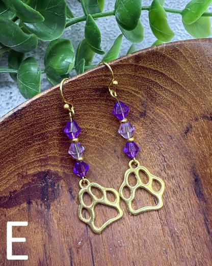 Paw Print Charm Earrings | Purple + Gold or Silver