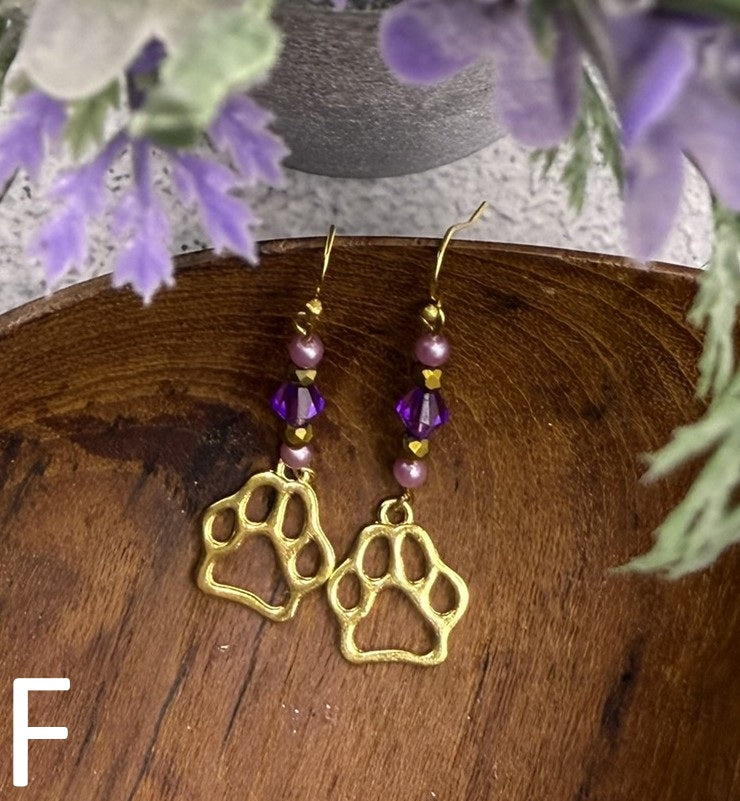 Paw Print Charm Earrings | Purple + Gold or Silver