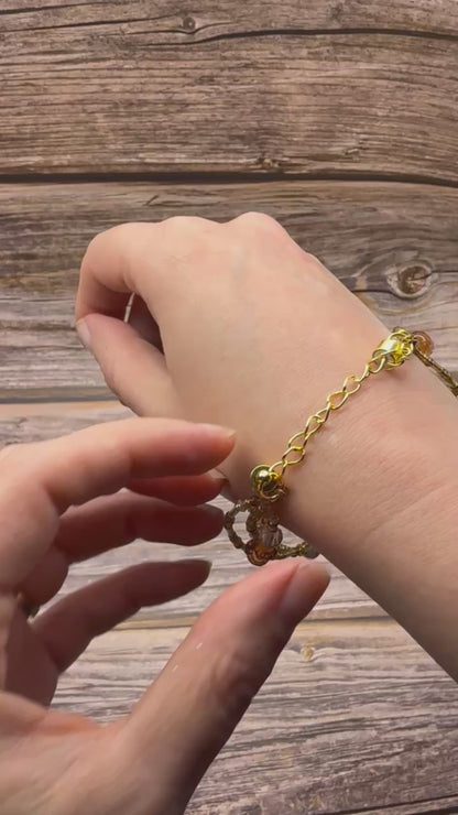 Caramel, Triple‑Strand Bracelet + Gold Flamingo Charm